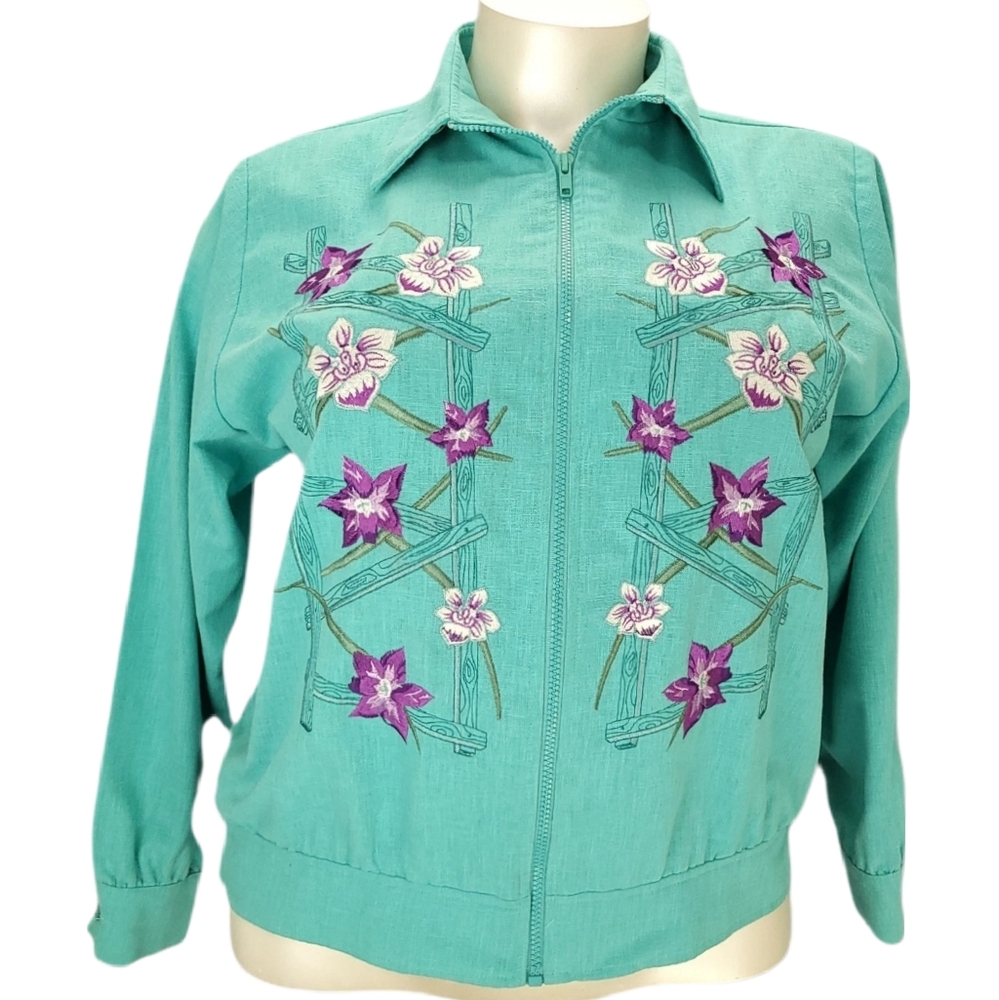Three Flaggs California Womens 16 Jacket Teal Floral Embroidered Full Zip Vtg